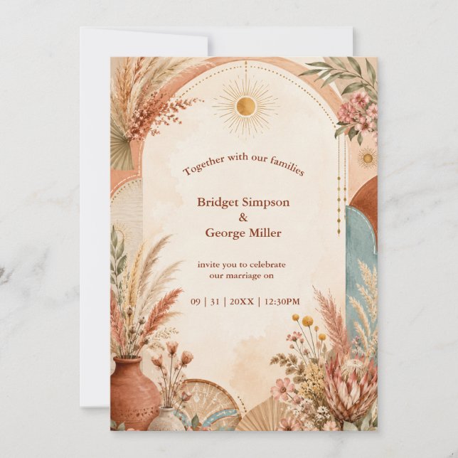 Invitación Boda rústica boho Pampas flor silvestre (Anverso)