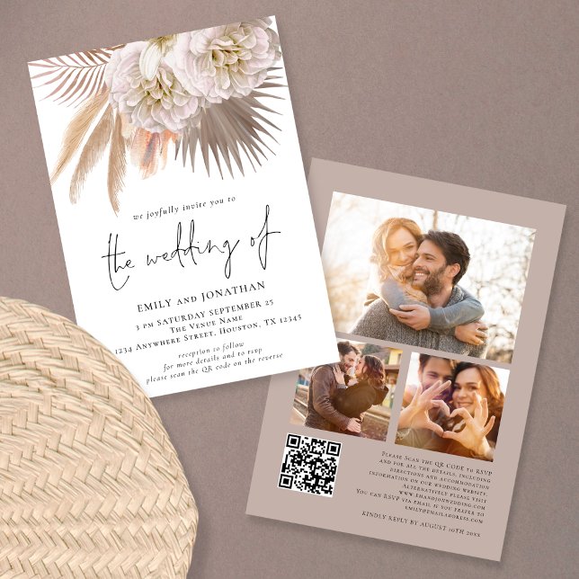 Invitación Boda Rústica Boho Pampas Script QR 3 fotos (Subido por el creador)