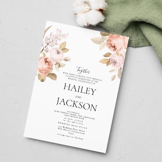 Invitación Boda rústica boho rosa marrón floral neutra  (Neutral boho pink brown rustic floral wedding)