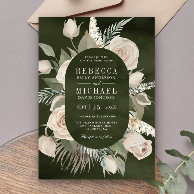 Invitación Boda Rústica Boho Rosas Marfil Verde Salvia Oscuro (Subido por el creador)