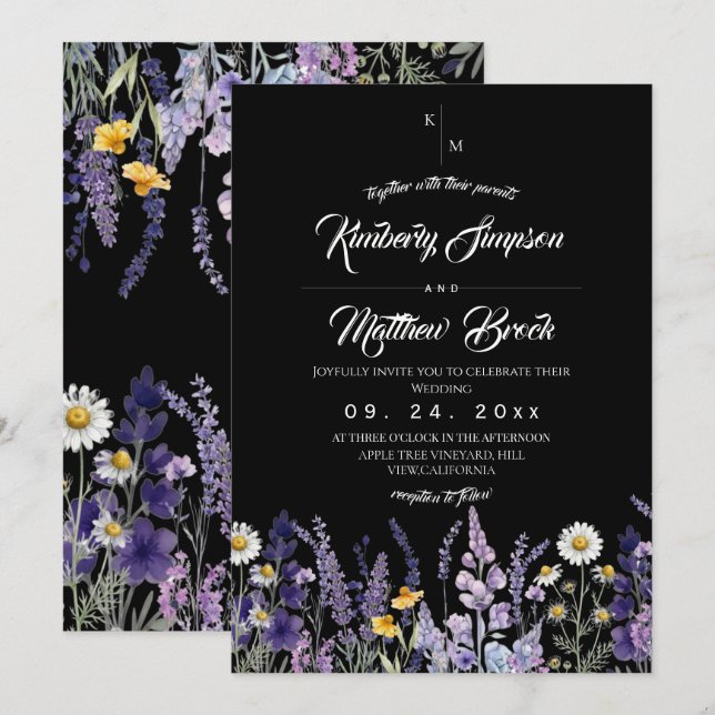 Invitación Boda Rústica Boho Silvestre Negra (Anverso / Reverso)