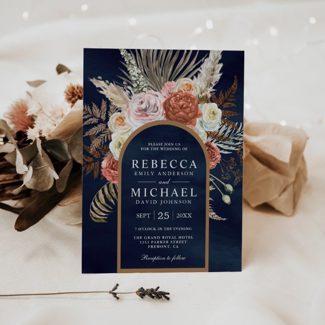 Invitación Boda rústica boho terracota floral naval (Subido por el creador)