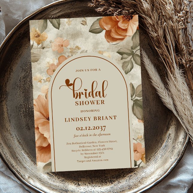 Invitación Boda Rústica Boho Terracota Flores  (Rustic Boho Terracotta Flowers Bridal Shower Invitation)