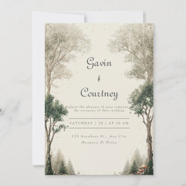 Invitación Boda Rústica Bosque Verde Dorado Selvático (Anverso)