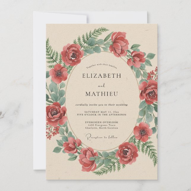 Invitación Boda Rústica Botánica Carmesí (Anverso)
