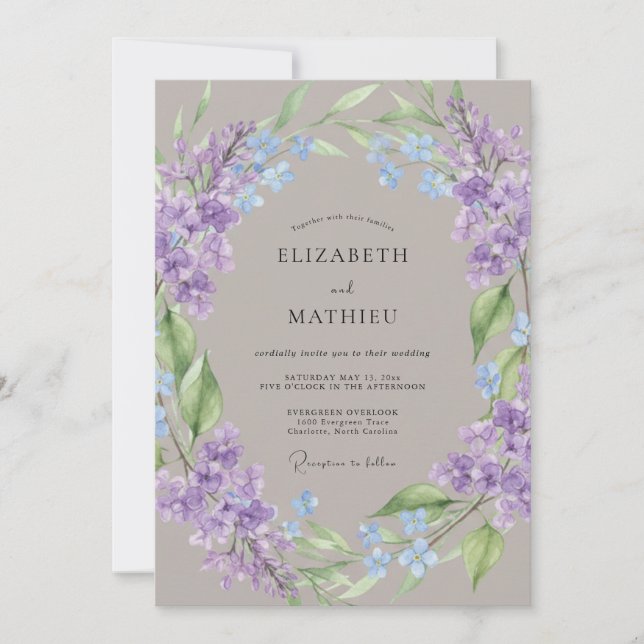 Invitación Boda rústica botánica con acuarela violeta (Anverso)