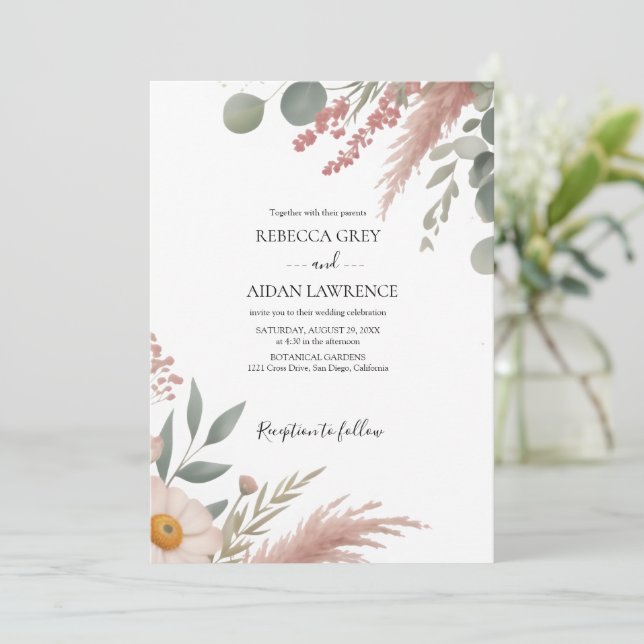 Invitación Boda Rústica Botánica con Verde de Eucalipto (Anverso de pie)