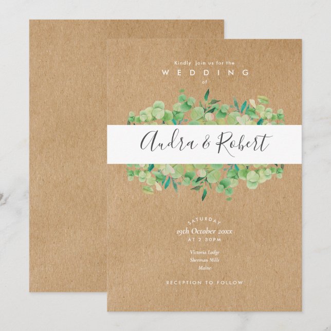 Invitación Boda Rústica Botánica con Verde Eucalipto (Anverso / Reverso)