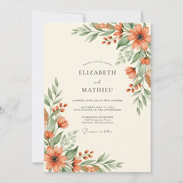 Invitación Boda Rústica Botánica de Coral (Anverso)