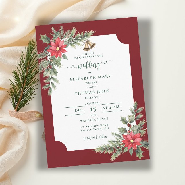 Invitación Boda rústica botánica de invierno en verde burdeos (winter wedding invitation christmas greenery floral poinsettia watercolor burgundy rustic elegant)