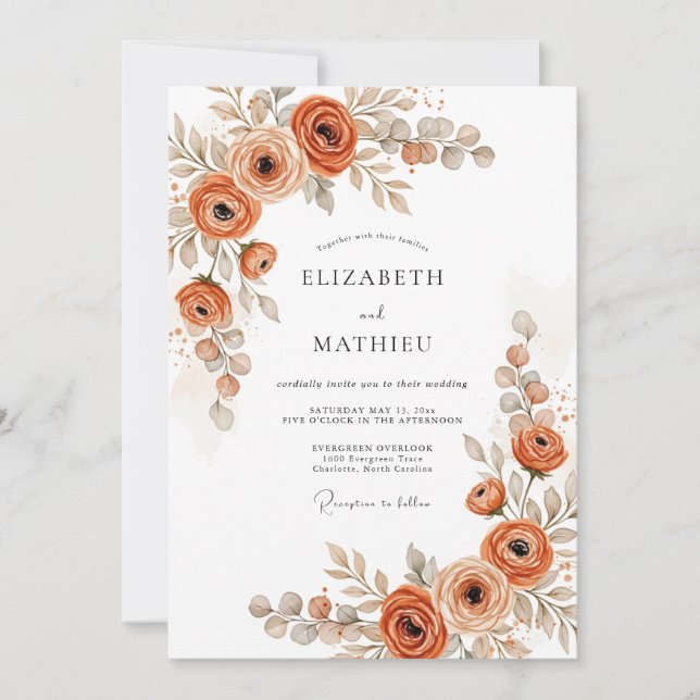 Invitación Boda rústica botánica de naranja quemada (Anverso)
