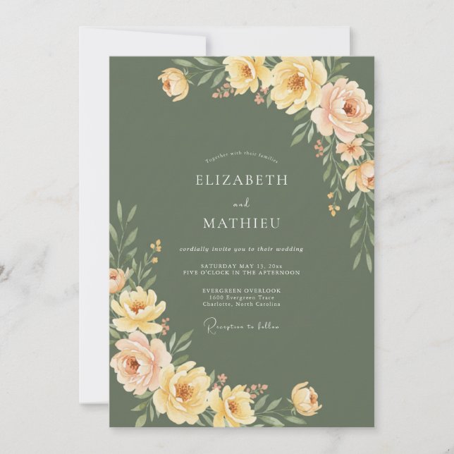 Invitación Boda Rústica Botánica de Oliva y Melocotón (Anverso)