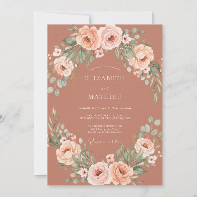 Invitación Boda rústica botánica de terracota exuberante (Anverso)