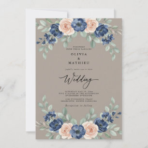 Invitación Boda rústica botánica en taupe naval