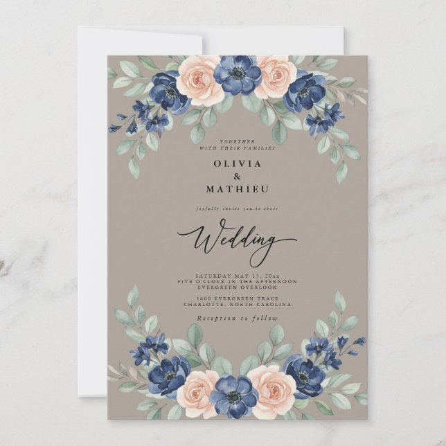 Invitación Boda rústica botánica en taupe naval (Anverso)