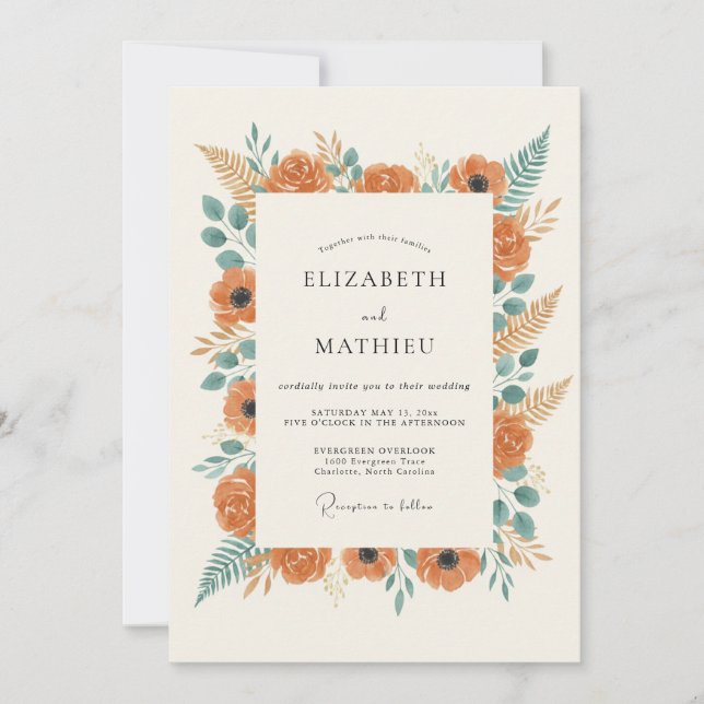 Invitación Boda Rústica Botánica Naranja (Anverso)