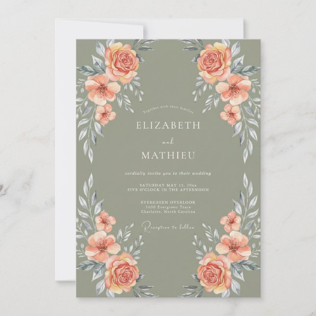 Invitación Boda Rústica Botánica Verde Oliva (Anverso)