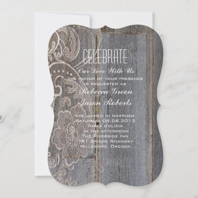 Invitación boda rústica campestre de madera y encaje occident (Anverso)