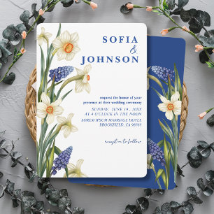 Invitación Boda rústica chic con flores azules marino y blanc