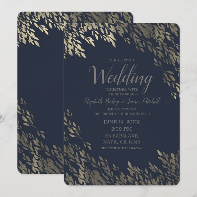 Invitación Boda rústica chic de hojas plateadas y azul platea (Anverso / Reverso)