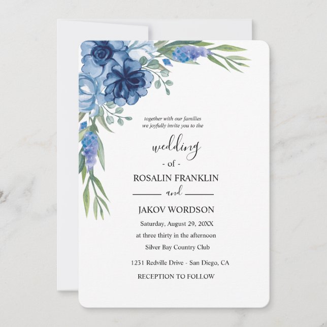 Invitación boda rústica con acuarela azul (Anverso)