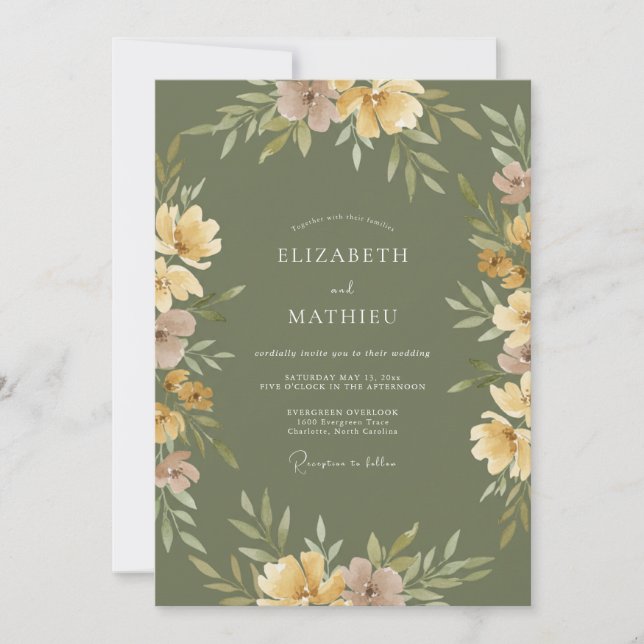 Invitación Boda Rústica con Acuarela de Amarillo Oliva (Anverso)