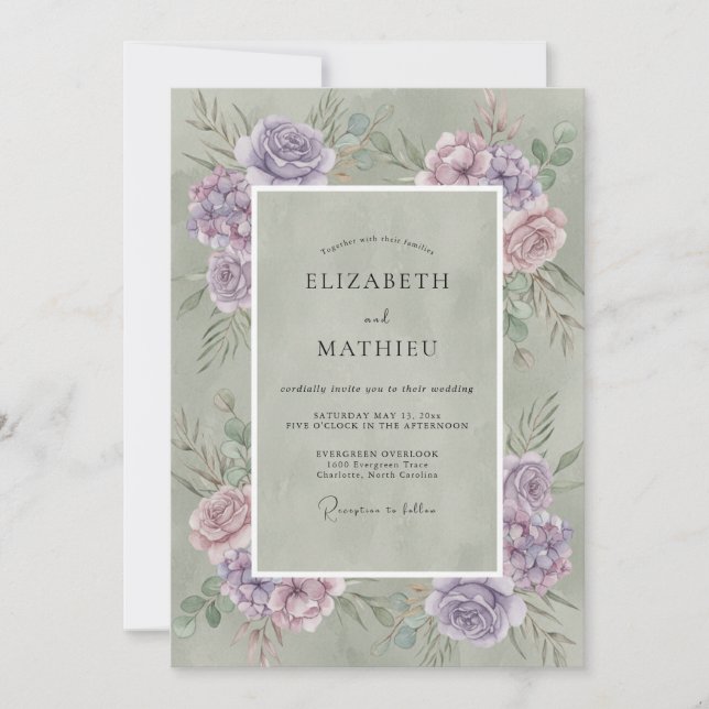 Invitación Boda Rústica con Acuarela de Verde Salvia (Anverso)