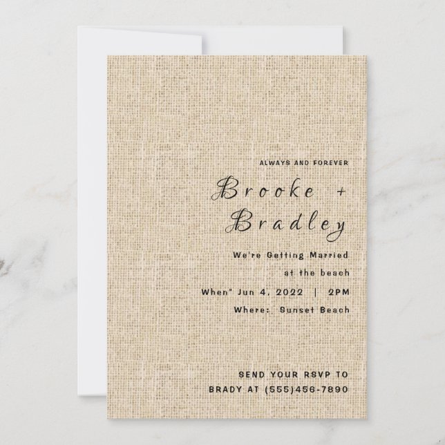 Invitación Boda Rústica con Arpillera (Anverso)