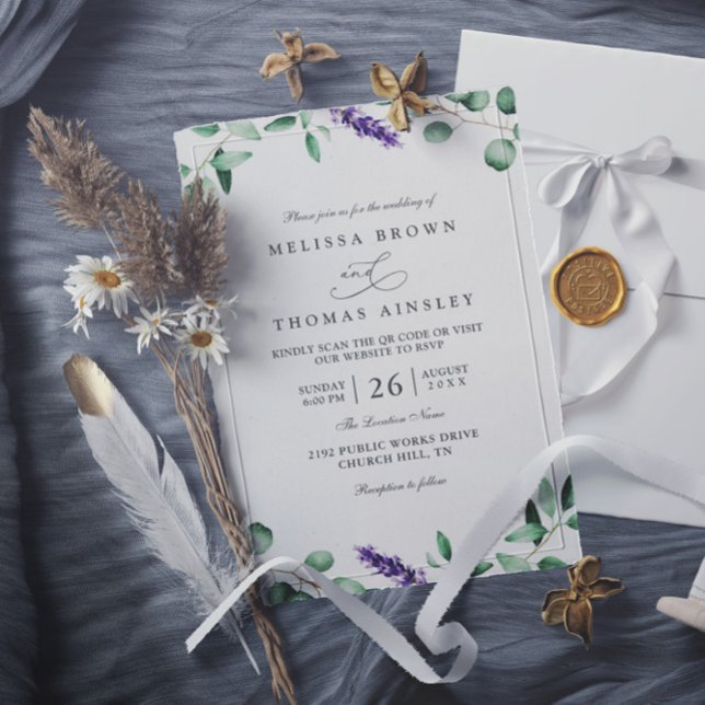 Invitación Boda rústica con código QR de lavanda púrpura (Subido por el creador)
