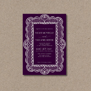 Invitación Boda rústica con encaje blanco y ciruela profunda