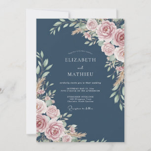 Invitación Boda Rústica con Flor de Rosa Polvorienta