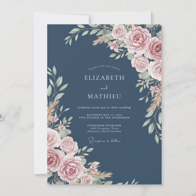 Invitación Boda Rústica con Flor de Rosa Polvorienta (Anverso)