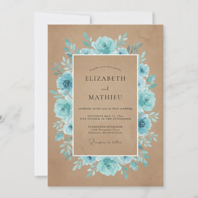 Invitación Boda Rústica con Flor Teal (Anverso)