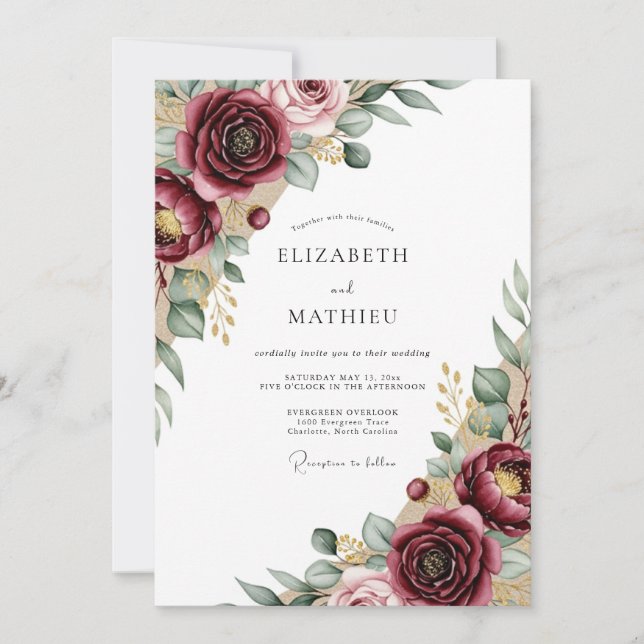 Invitación Boda Rústica con Floral Borgoña (Anverso)