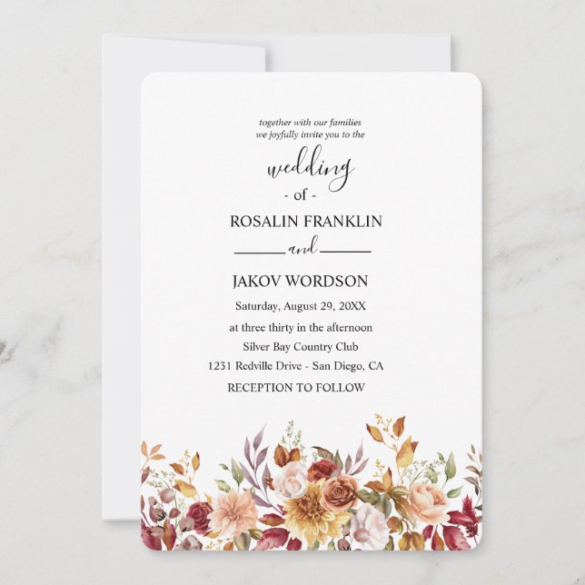 Invitación boda rústica con flores en acuarela (Anverso)