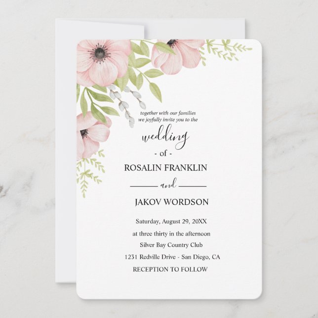 Invitación boda rústica con flores en acuarela  (Anverso)