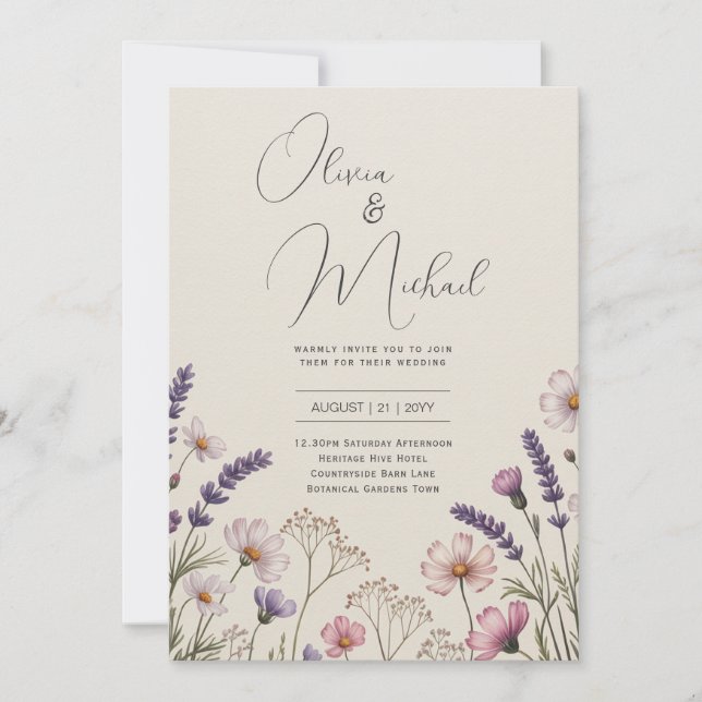 Invitación Boda rústica con flores silvestres de lavanda Heri (Anverso)