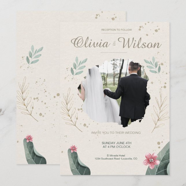 Invitación Boda Rústica con Foto Floral Moderna (Anverso / Reverso)
