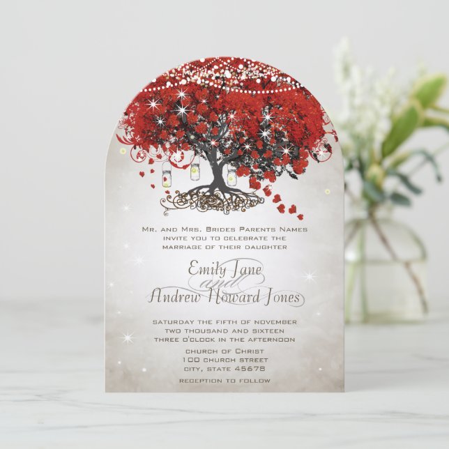Invitación Boda Rústica con Frasco de Mason Corazón Rojo Hoja (Anverso de pie)