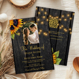 Invitación Boda rústica con girasoles, foto, QR, RSVP todo en