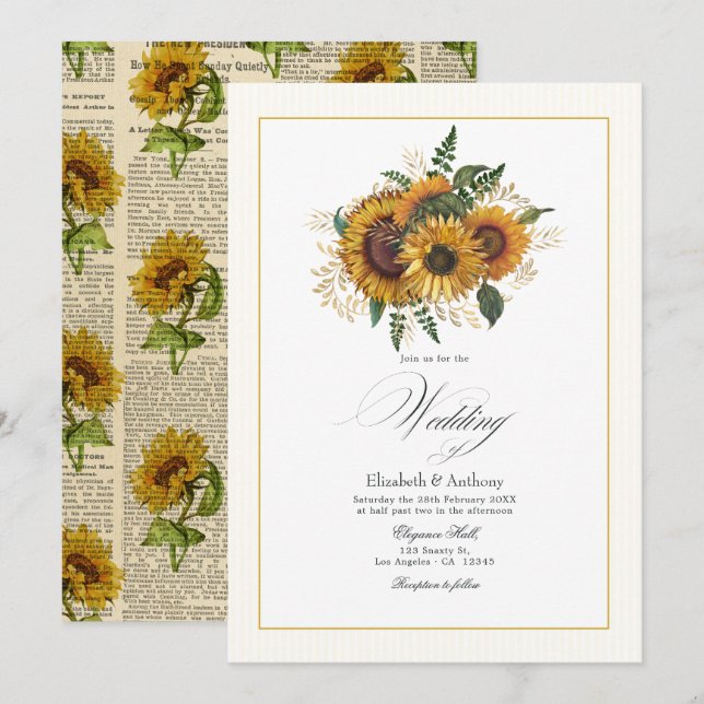Invitación Boda Rústica con Girasoles y Oro (Anverso / Reverso)