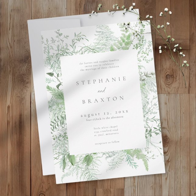 Invitación Boda rústica con helechos de vegetación en acuarel (Watercolor Greenery Fern Rustic Wedding Invitation)