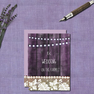 Invitación boda rústica con madera, encaje, luces de cuerda