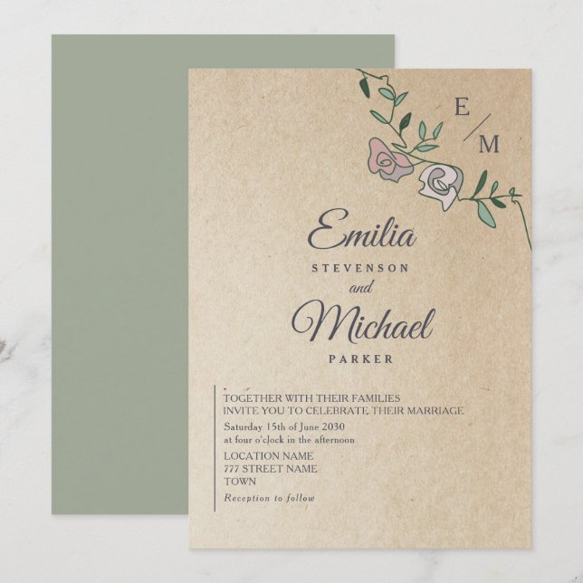 Invitación Boda Rústica con Monograma Floral Kraft  (Anverso / Reverso)