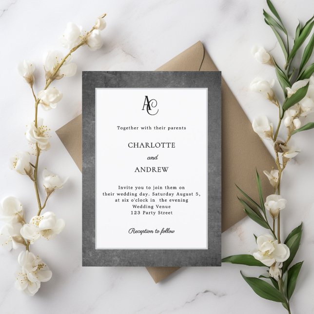 Invitación Boda rústica con monograma moderno blanco gris (Subido por el creador)