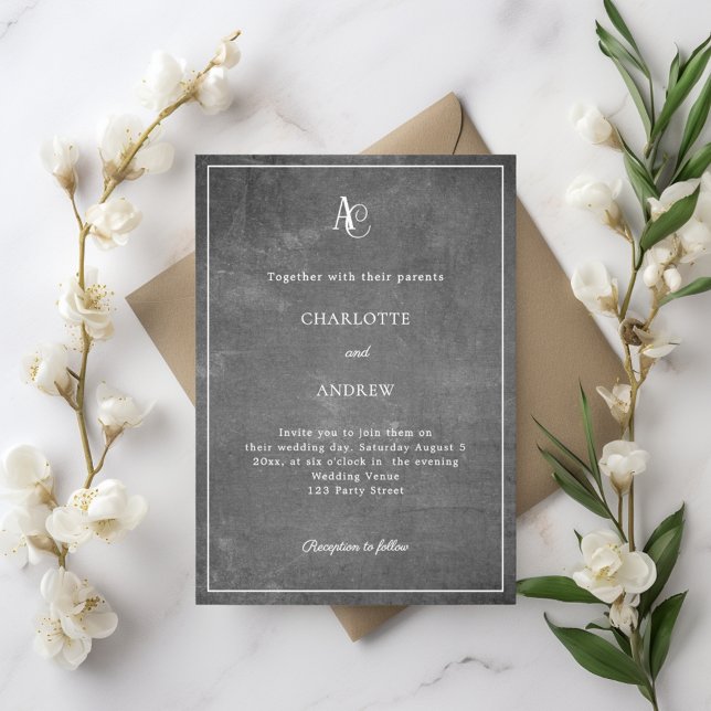 Invitación Boda rústica con monograma moderno gris (Subido por el creador)