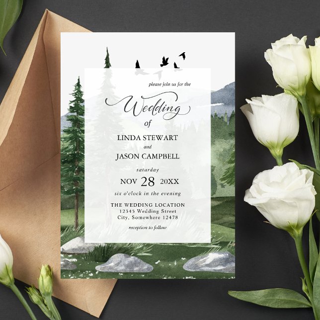 Invitación Boda Rústica con Tema de Acuarela en el Bosque de  (Rustic pine forest watercolor invitation sets a calm, nature-inspired tone for your wedding.)