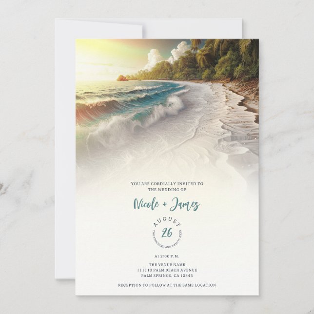 Invitación Boda Rústica Costera con Atardecer en la Playa del (Anverso)