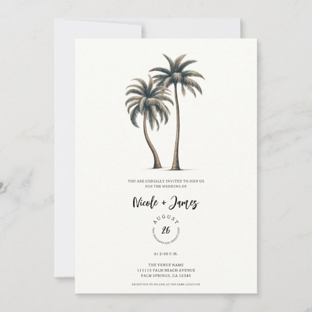 Invitación Boda Rústica Costera con Palma Tropical (Anverso)
