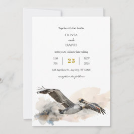 Invitación Boda Rustica Costera Pelican Watercolor Beach